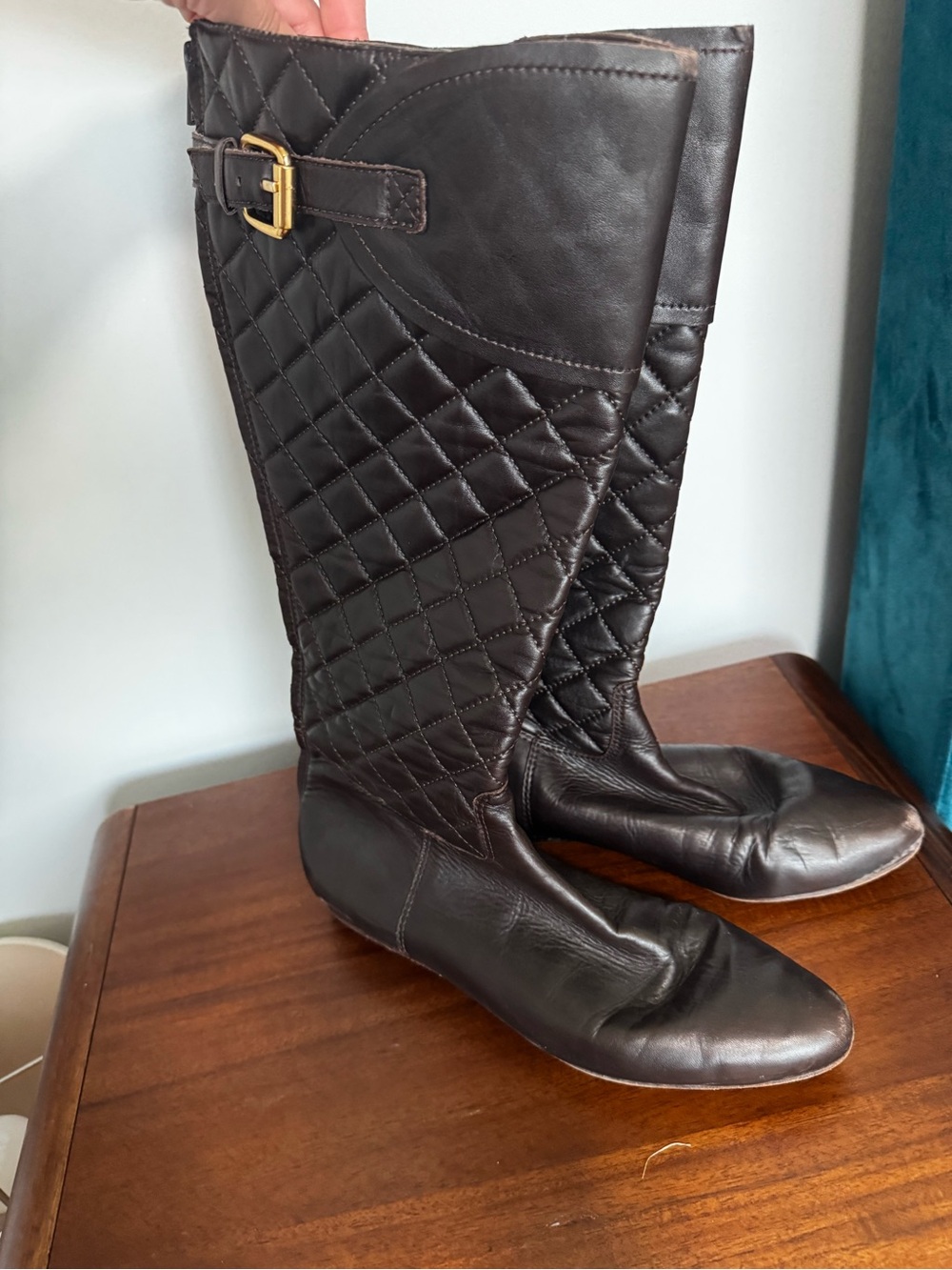 BCBGMaxAzria Quilted Tall Leather Riding Boots in Dark Brown with Gold Buckle